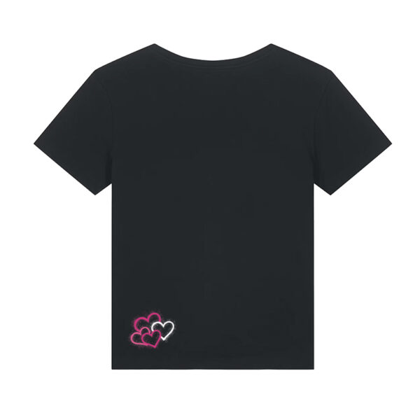 Rückseite Schwarzes Trueheartlieb-T-Shirt mit Graffitiherzen